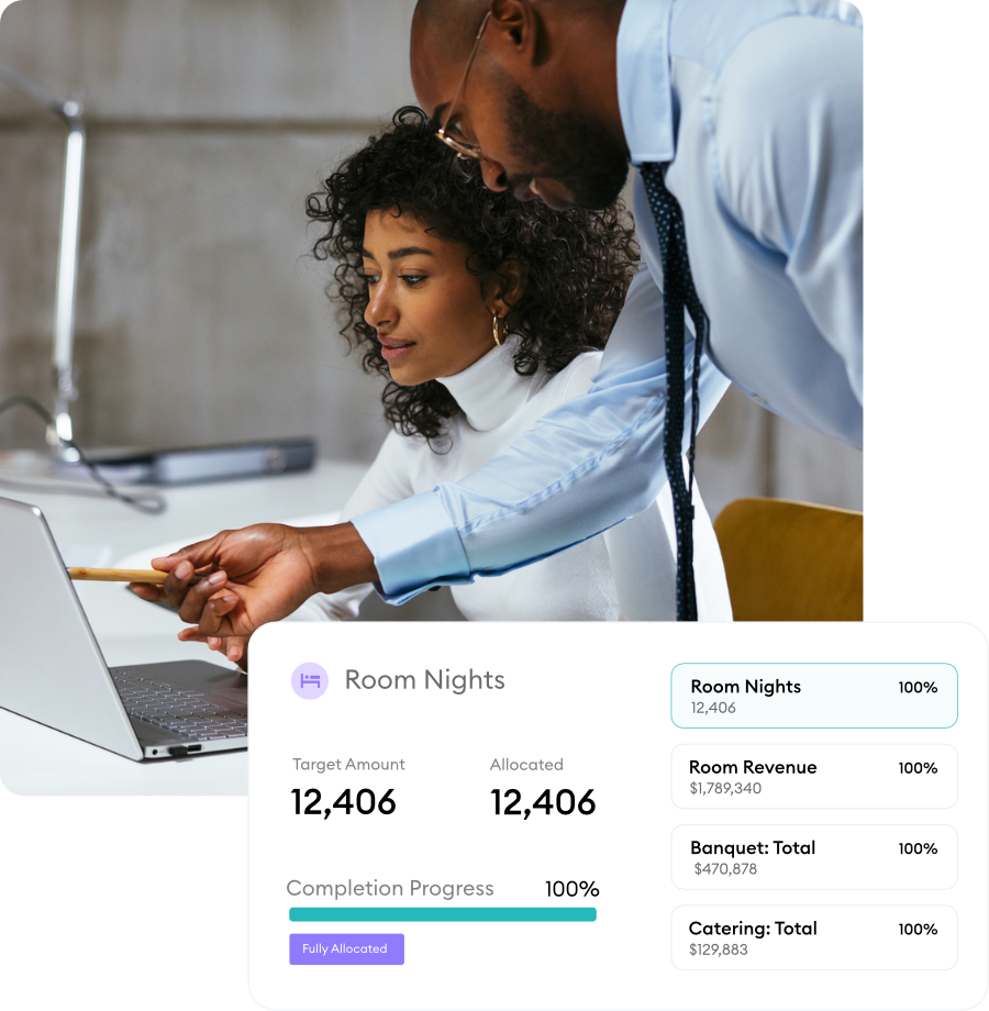 Two colleagues analyzing a hospitality dashboard on a laptop.