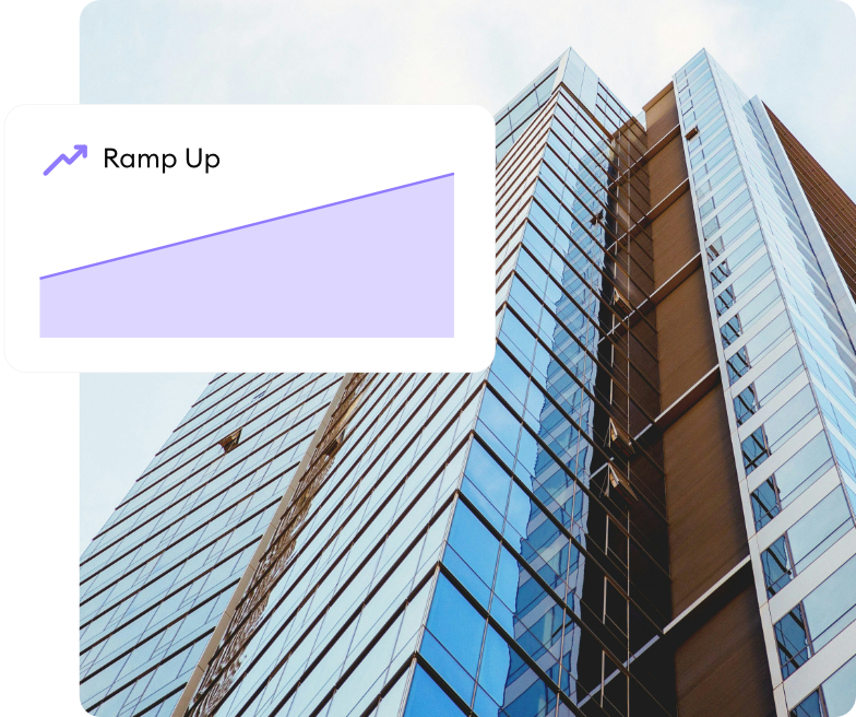 A modern glass high-rise building with an upward growth graph overlay.