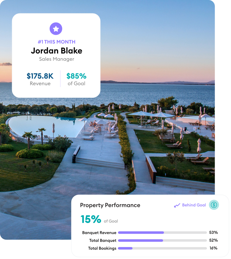 An oceanside resort with a swimming pool and property metrics overlay.
